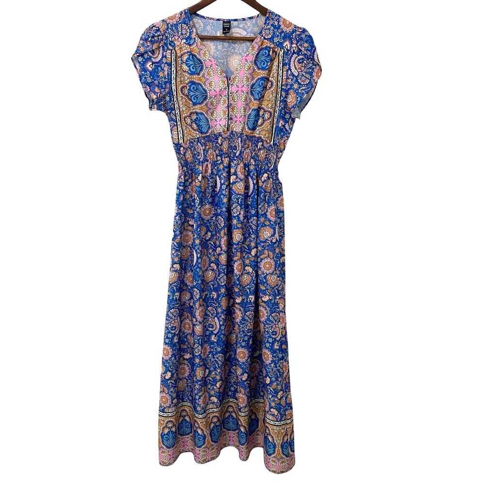 Emery Rose Floral Paisley Maxi Dress Boho Tulip Sleeve Blue Pink - Picture 2 of 11